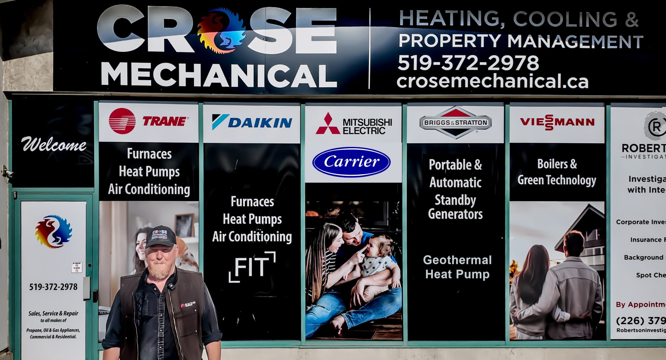 Crose Mechanical storefront with signage and Eric Crose standing outside