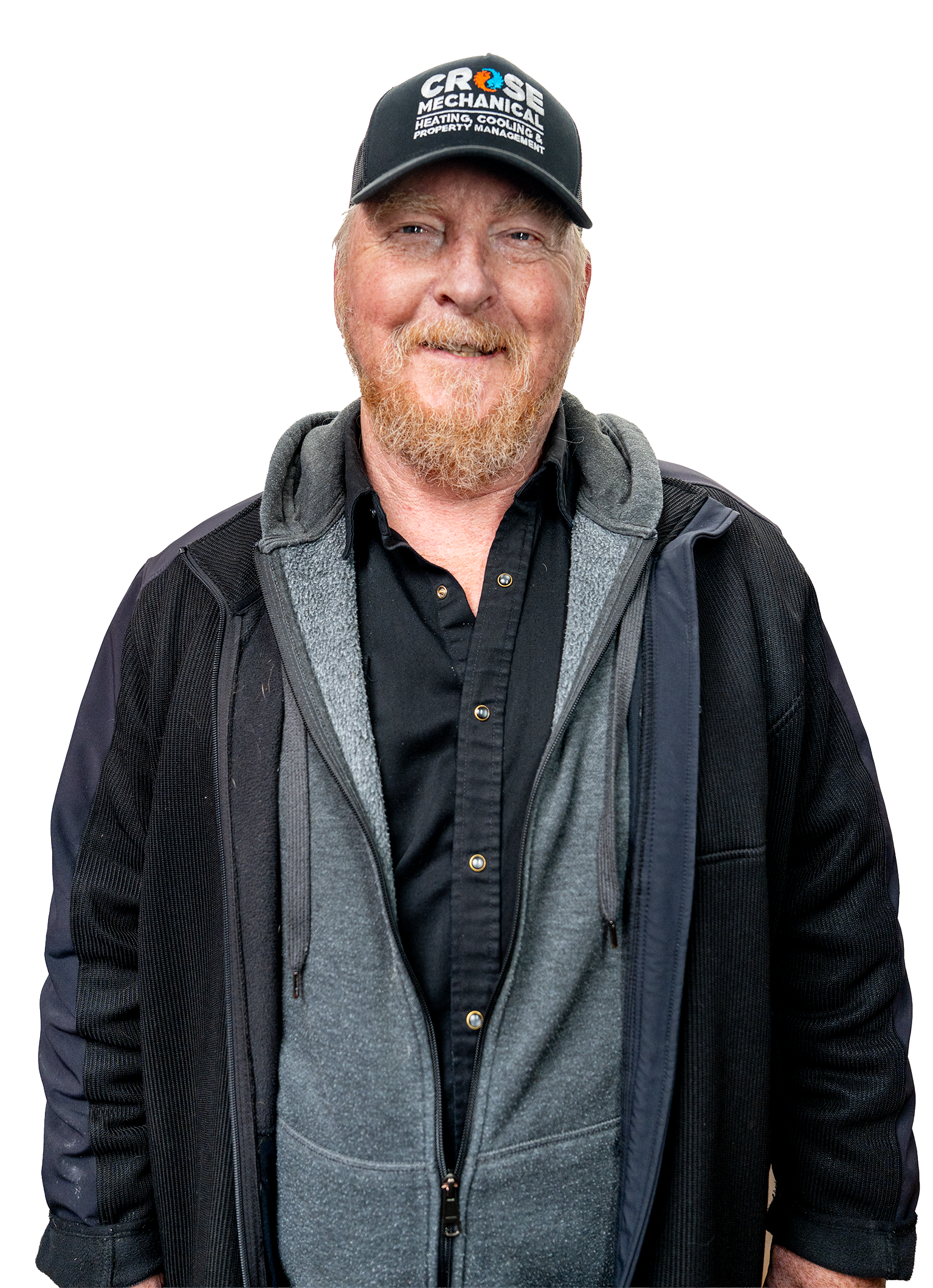 Eric Crose of Crose Mechanical, smiling, wearing a Crose Mechanical cap and work jacket